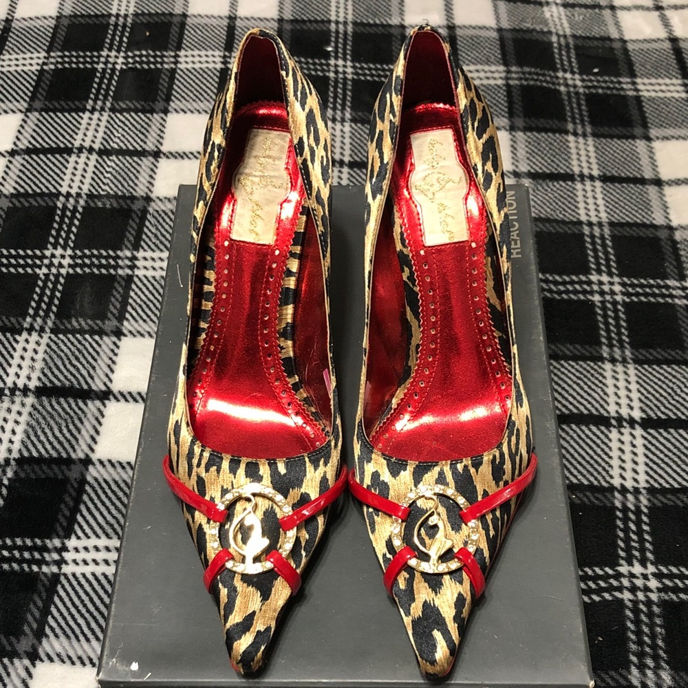 Baby Phat Leopard Print Pointed Pumps with Red Accents and Gold Hardware